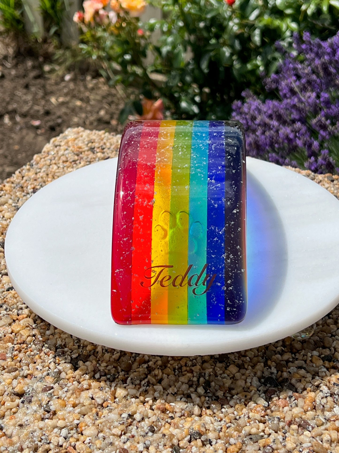 11b. Rainbow Bridge Personalised Memorial - Size Medium, Med/Large or Large with Ashes, Name, Handmade Fused Glass
