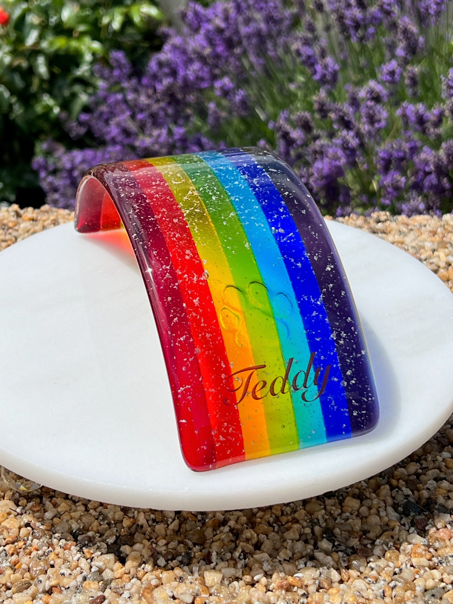 11b. Rainbow Bridge Personalised Memorial - Size Medium, Med/Large or Large with Ashes, Name, Handmade Fused Glass