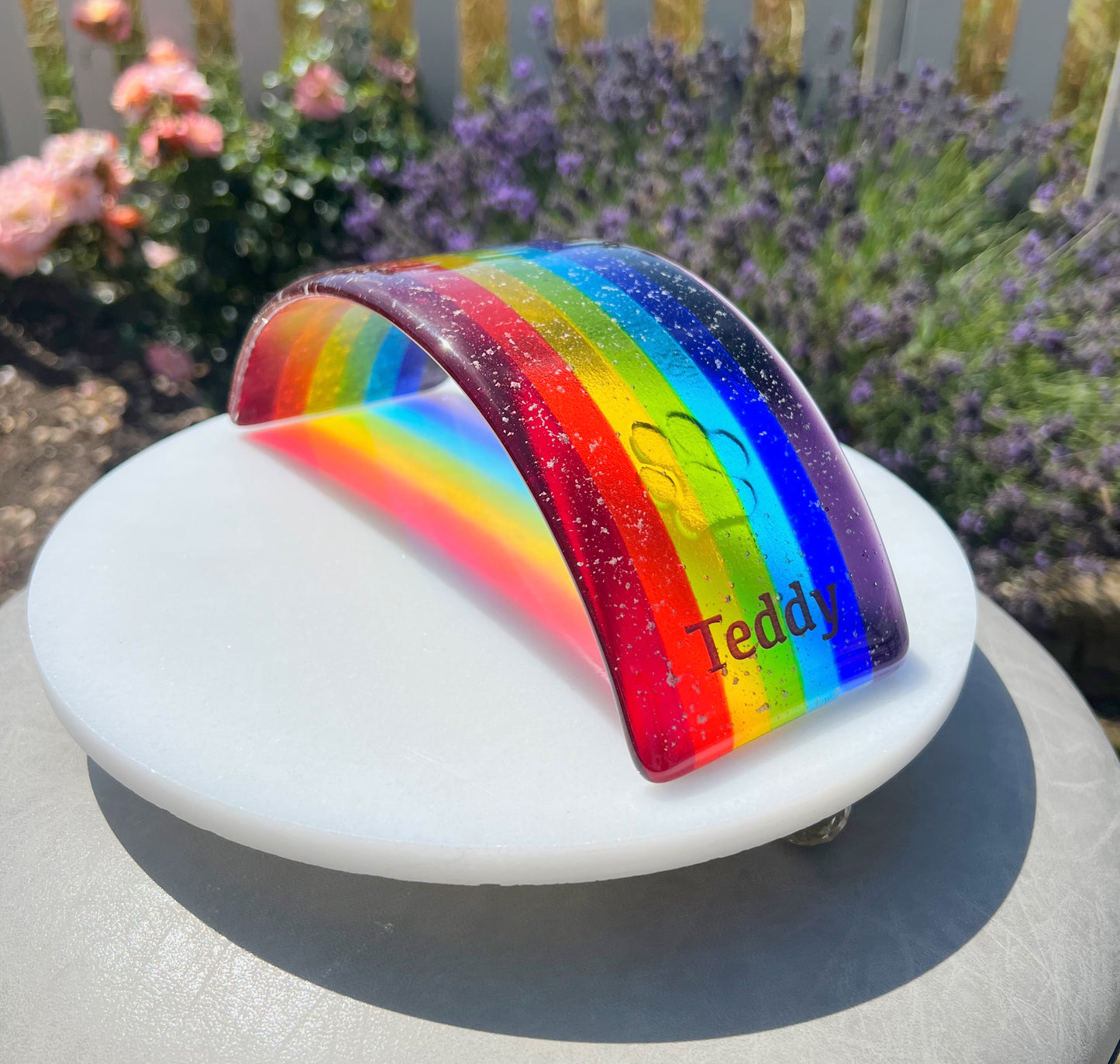 11b. Rainbow Bridge Personalised Memorial - Size Medium, Med/Large or Large with Ashes, Name, Handmade Fused Glass