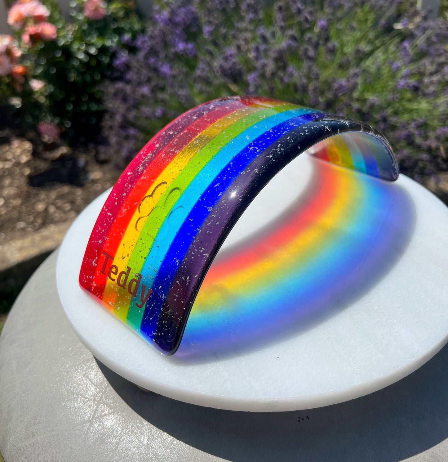 11b. Rainbow Bridge Personalised Memorial - Size Medium, Med/Large or Large with Ashes, Name, Handmade Fused Glass