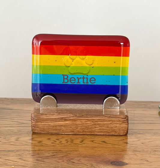 9b. Pet Memorial Personalised Plaque, Fused Glass on Oak Stand available also with Ashes.