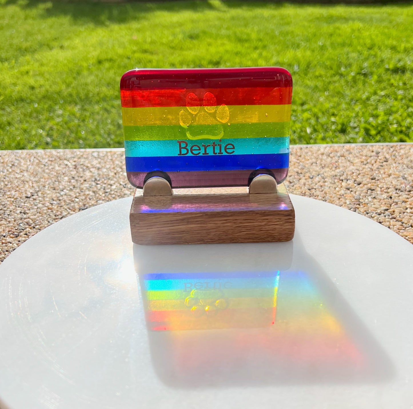 9b. Pet Memorial Personalised Plaque, Fused Glass on Oak Stand available also with Ashes.