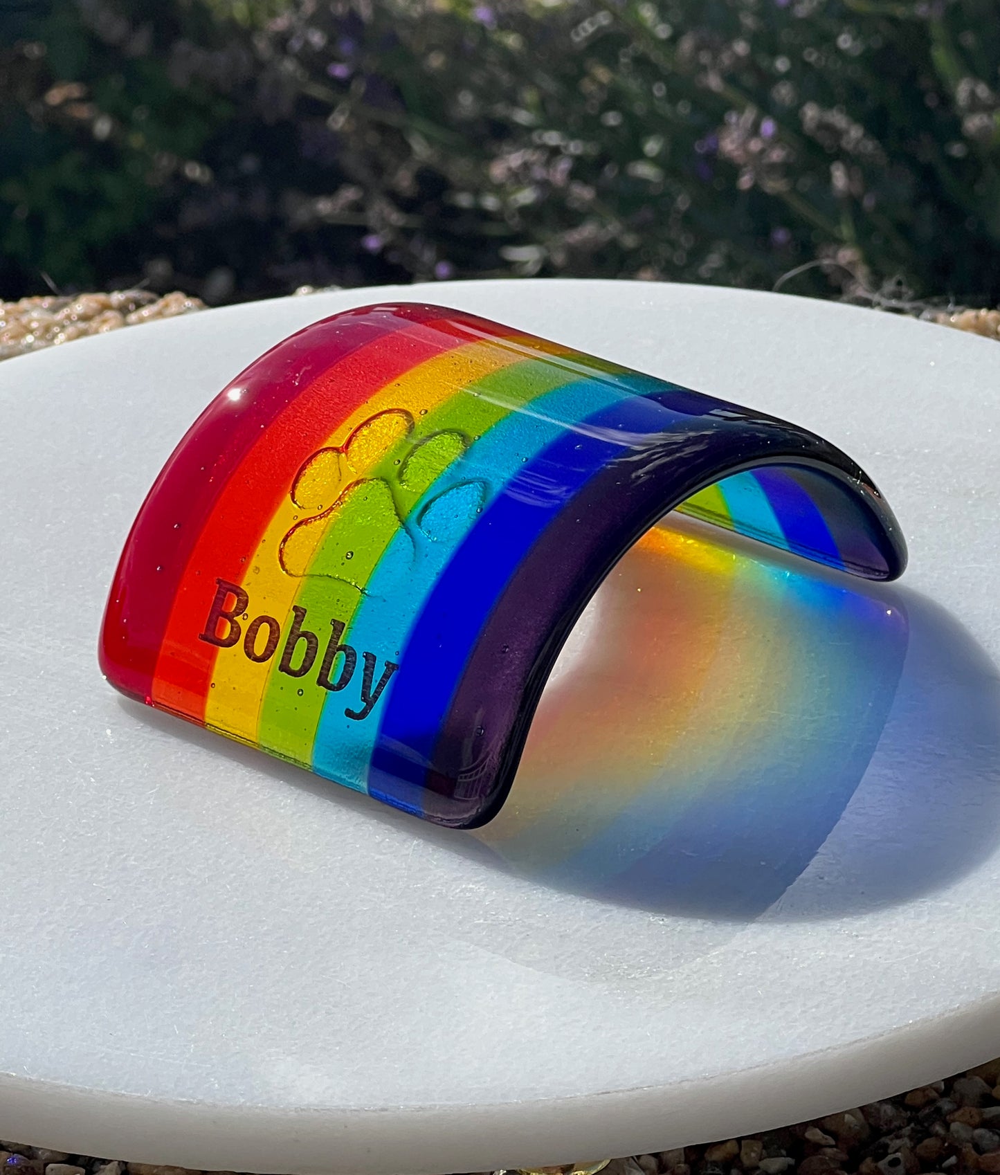 1. Pet Memorial Glass Rainbow Bridge, Personalised - Name, Paw Print