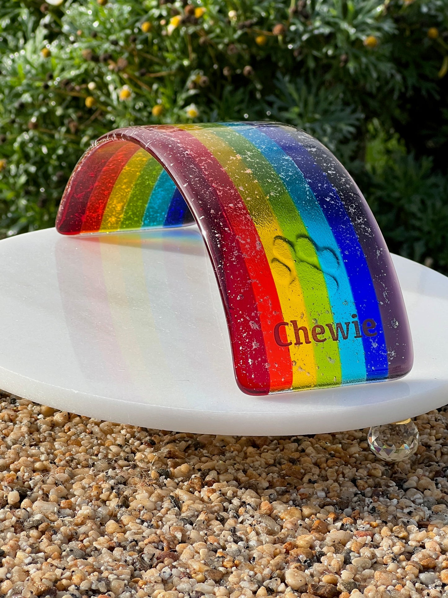 11b. Rainbow Bridge Personalised Memorial - Size Medium, Med/Large or Large with Ashes, Name, Handmade Fused Glass