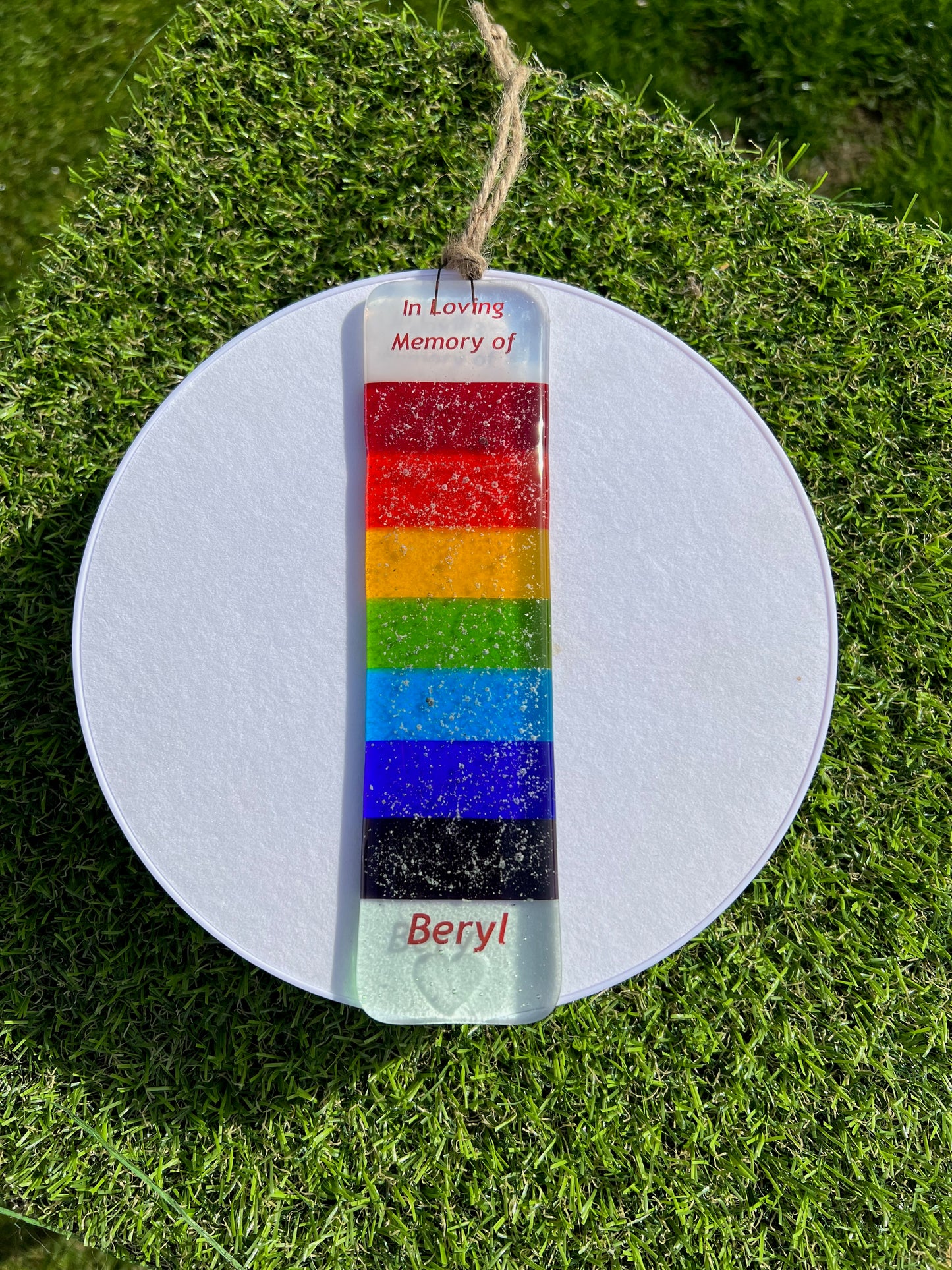 11a. Rainbow Sun Catcher Personalised with Name + Ashes, Human or Pet Memorial. Handmade Fused Glass