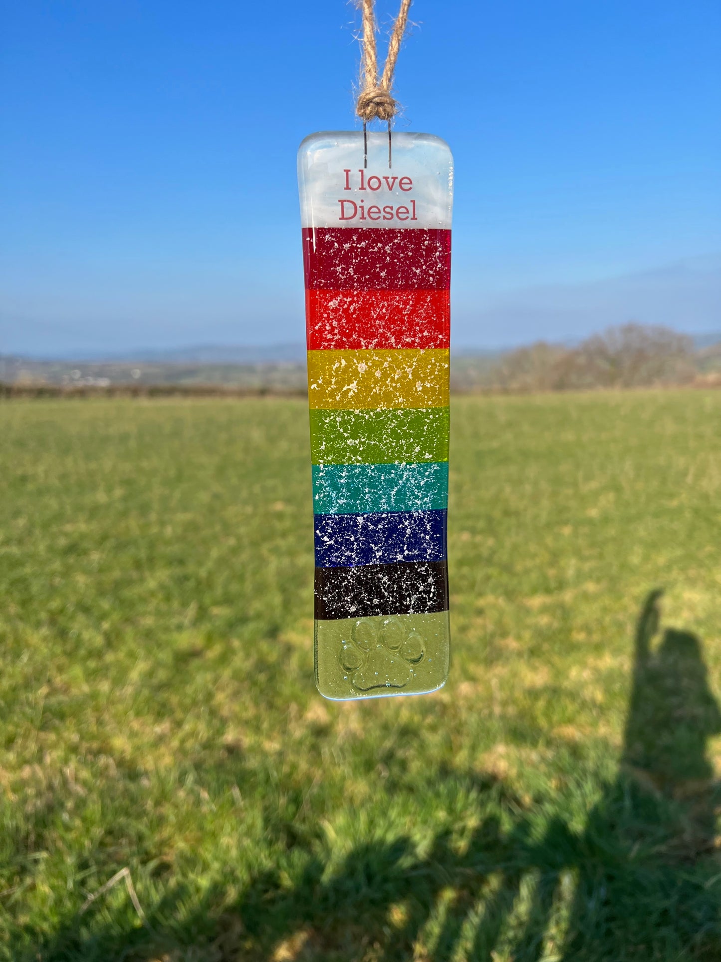 6b. Rainbow Sun Catcher Personalised with  Name + Ashes, Human or Pet Memorial. Handmade Fused Glass