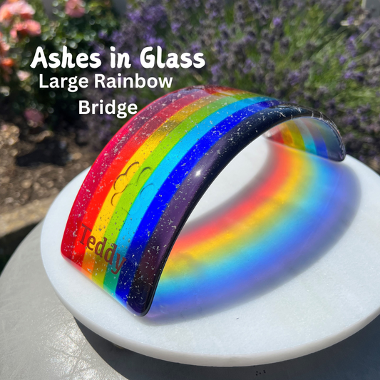 11b. Rainbow Bridge Personalised Memorial - Size Medium, Med/Large or Large with Ashes, Name,  Handmade Fused Glass