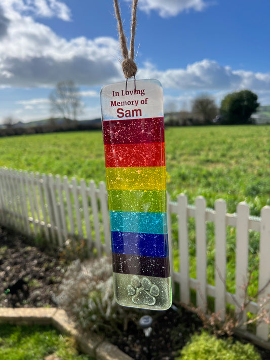 11a. Rainbow Sun Catcher Personalised with Name + Ashes, Human or Pet Memorial. Handmade Fused Glass