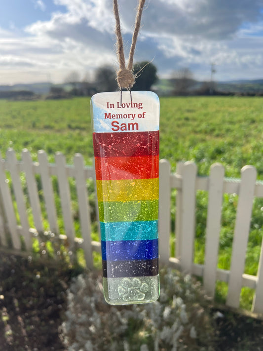 11a. Rainbow Sun Catcher Personalised with Name + Ashes, Human or Pet Memorial. Handmade Fused Glass