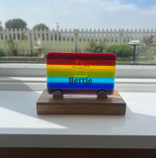 9b. Pet Memorial Personalised Plaque, Fused Glass on Oak Stand available also with Ashes.