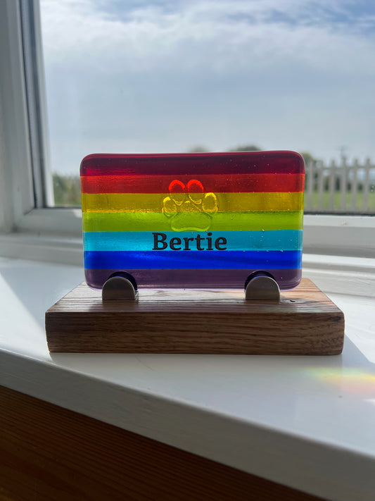 9b. Pet Memorial Personalised Plaque, Fused Glass on Oak Stand available also with Ashes.