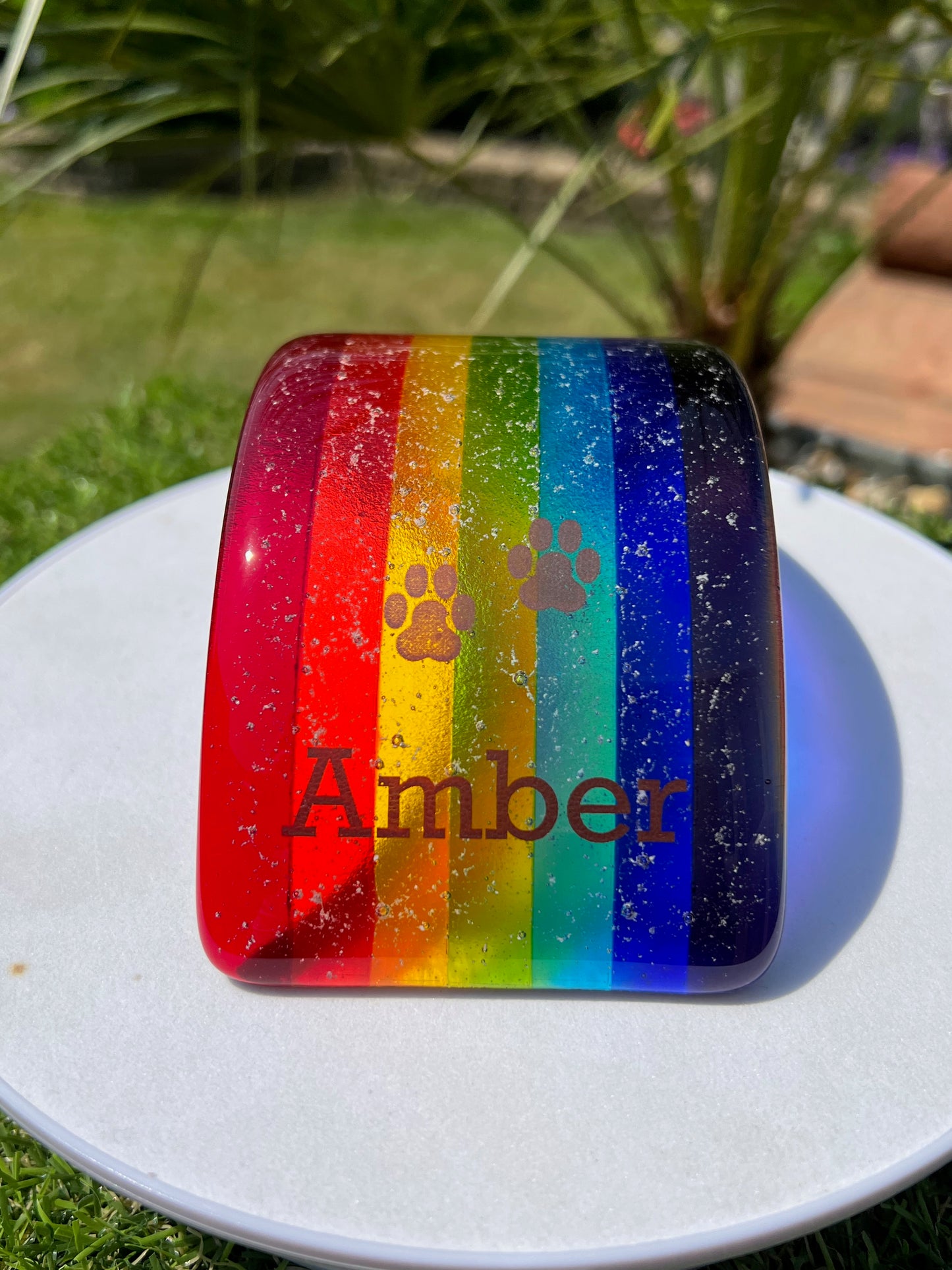 1c. Pet Memorial Rainbow Bridge (Med/Large) Fused Glass Personalised with Name/Paws/Ashes