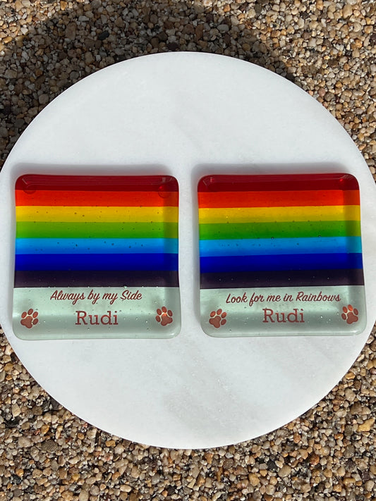 33.  Rainbow Coaster/s  - Personalised Handmade Fused Glass Available as a single item or as a set,Personalised with Name, Paws, Verse