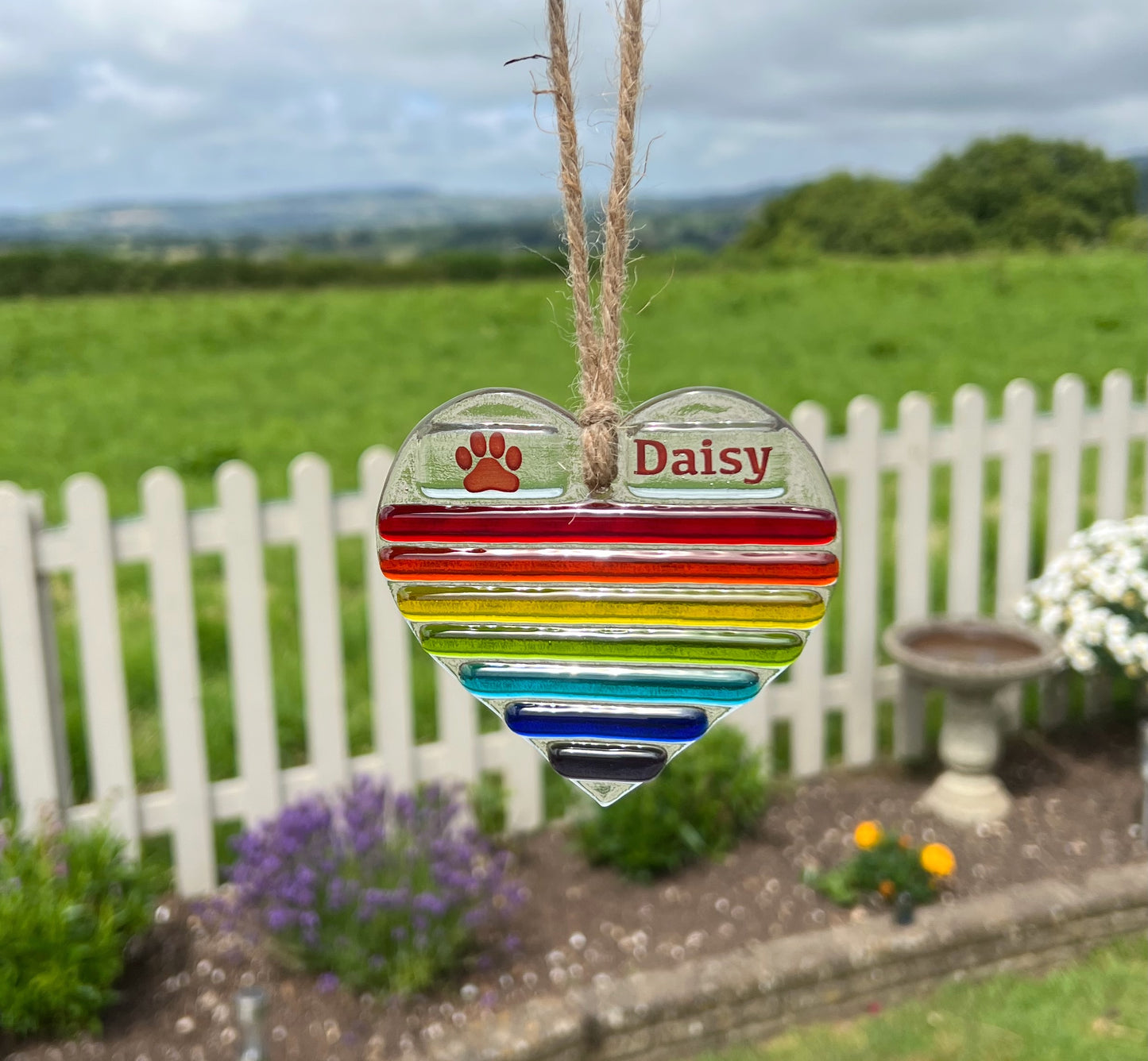 11. Glass Heart Rainbow Sun Catcher - Personalised with Name and Paw print.