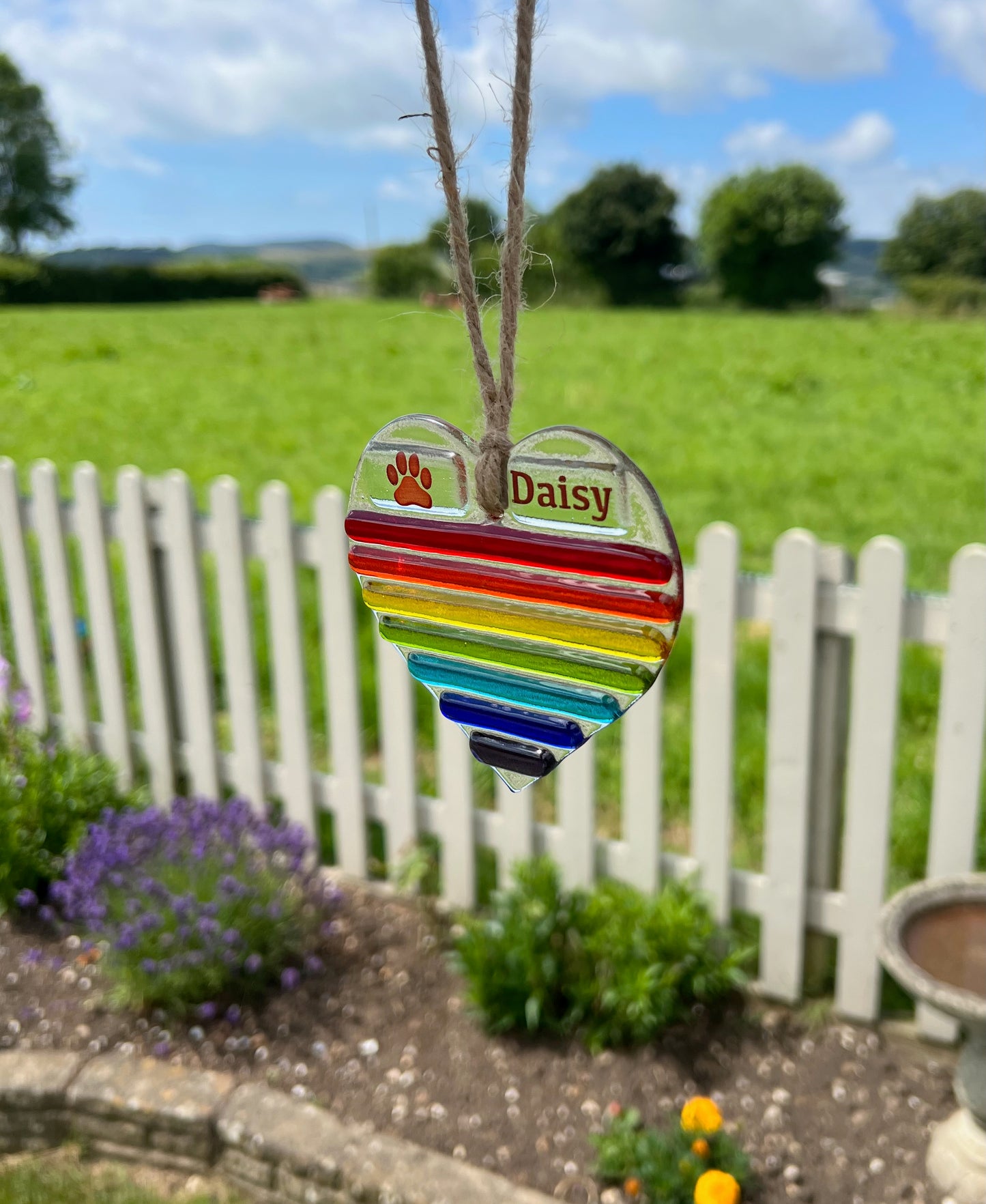 11. Glass Heart Rainbow Sun Catcher - Personalised with Name and Paw print.