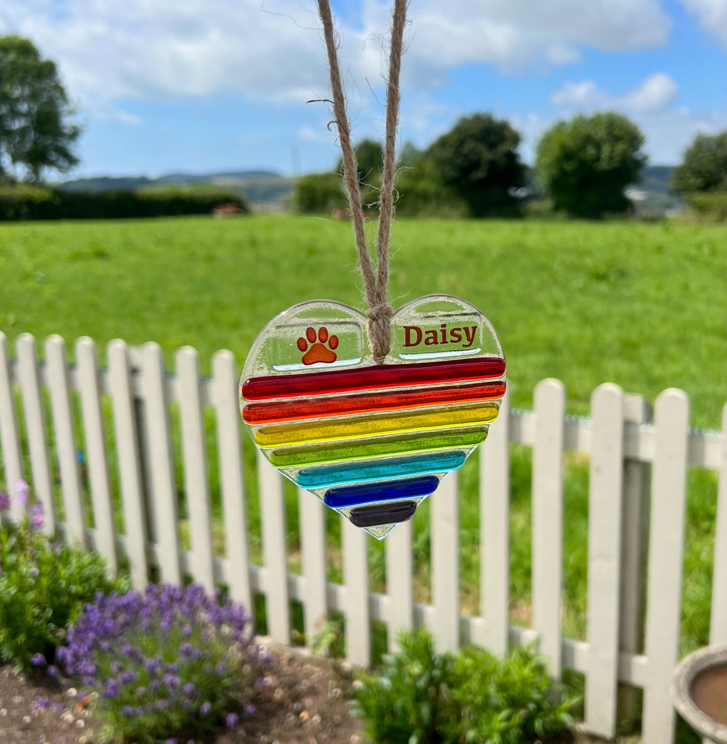 11. Glass Heart Rainbow Sun Catcher - Personalised with Name and Paw print.