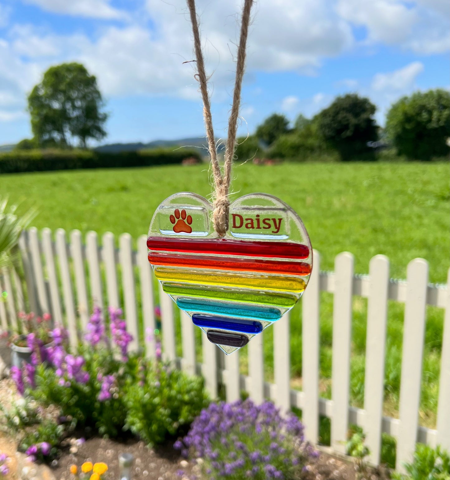 11. Glass Heart Rainbow Sun Catcher - Personalised with Name and Paw print.