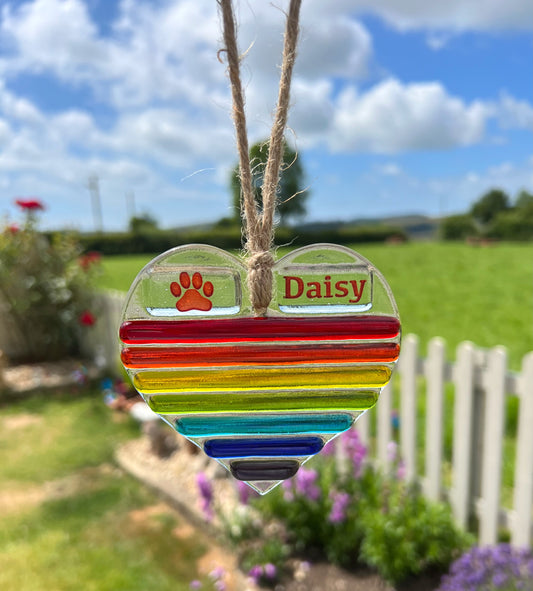 11. Glass Heart Rainbow Sun Catcher - Personalised with Name and Paw print.