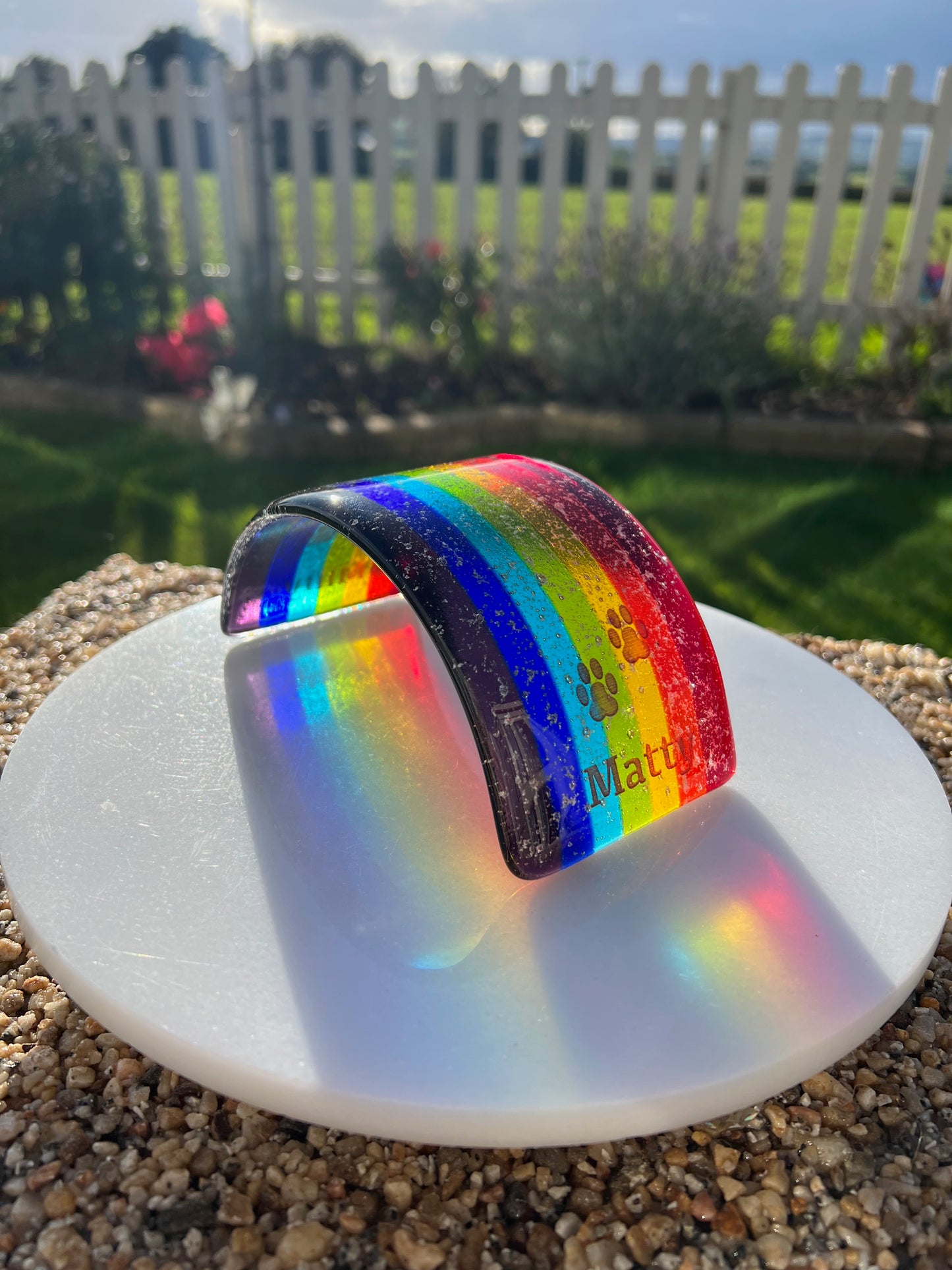 1c. Pet Memorial Rainbow Bridge (Med/Large) Fused Glass Personalised with Name/Paws/Ashes