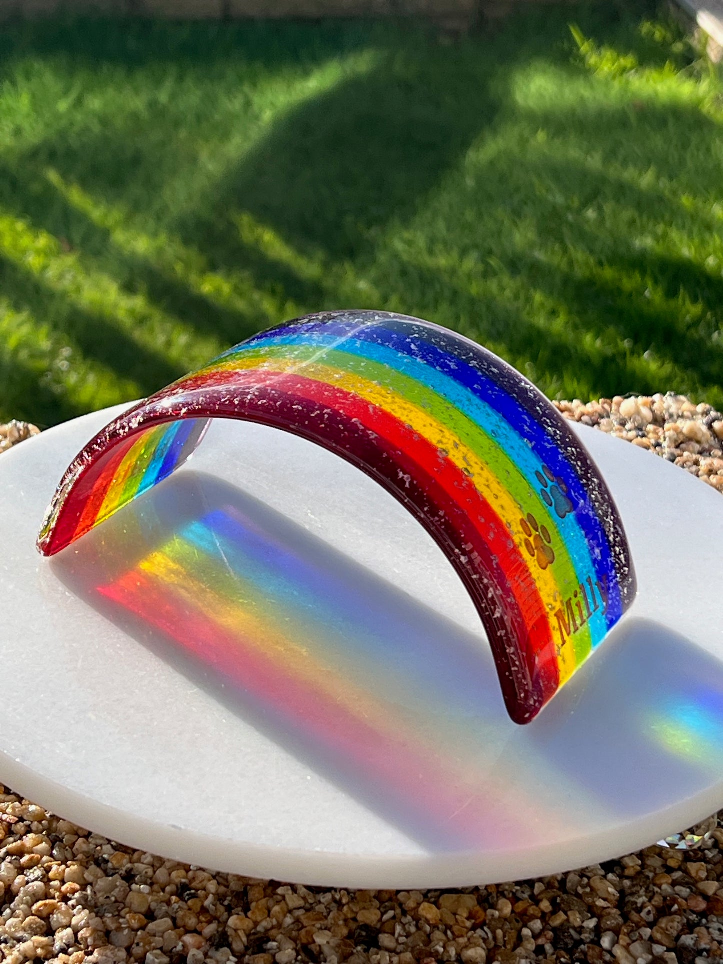 1c. Pet Memorial Rainbow Bridge (Med/Large) Fused Glass Personalised with Name/Paws/Ashes