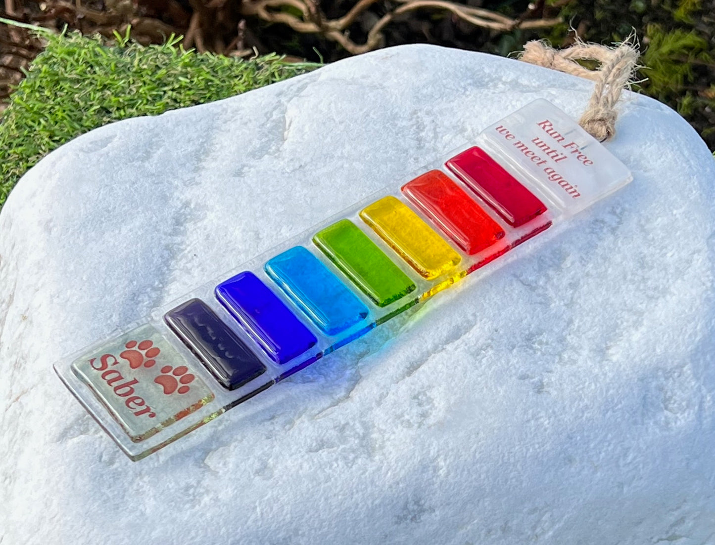 11c. Pet Memorial Rainbow Sun catcher Personalised - Handmade Fused Glass