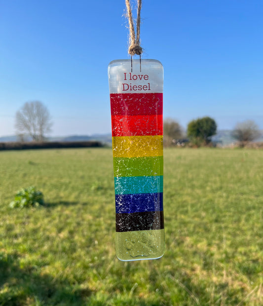 6b. Rainbow Sun Catcher Personalised with  Name + Ashes, Human or Pet Memorial. Handmade Fused Glass