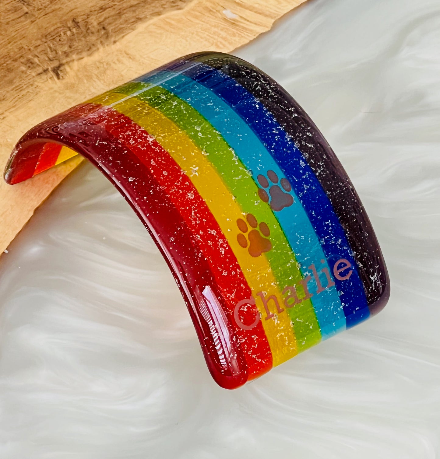 1c. Pet Memorial Rainbow Bridge (Med/Large) Fused Glass Personalised with Name/Paws/Ashes